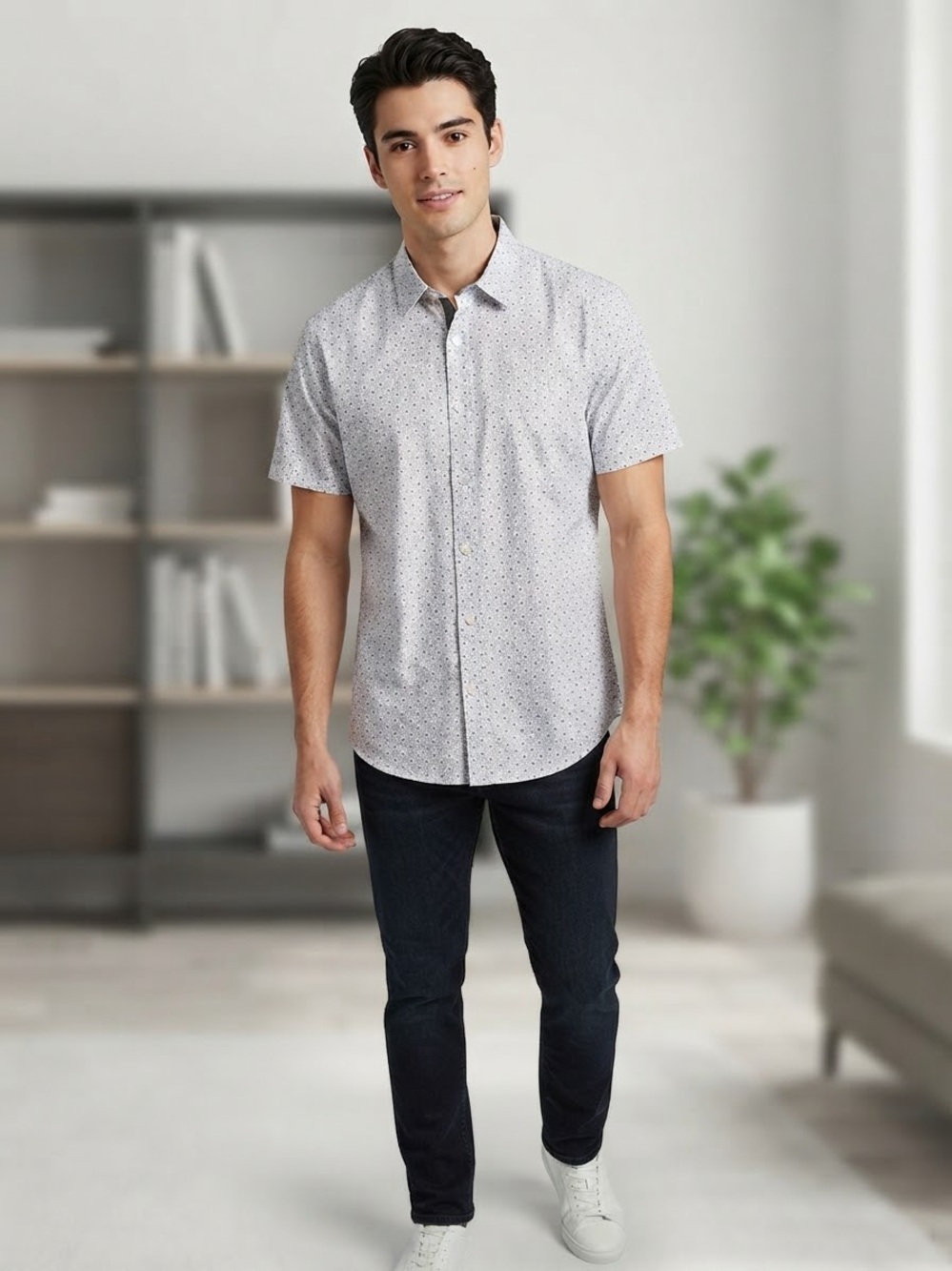 Michael Kors White Short Sleeve Microprint Button-Down Shirt